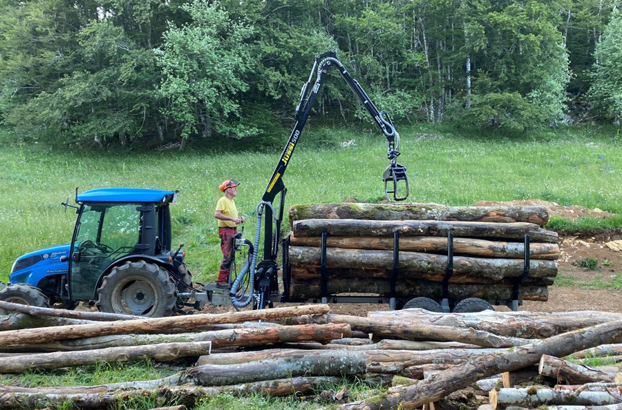 Chargement des grumes au tracteur-grue, lisière de forêt